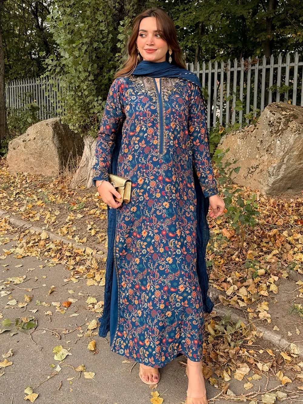 Embroidered Navy Floral Maxi Dress with Scarf